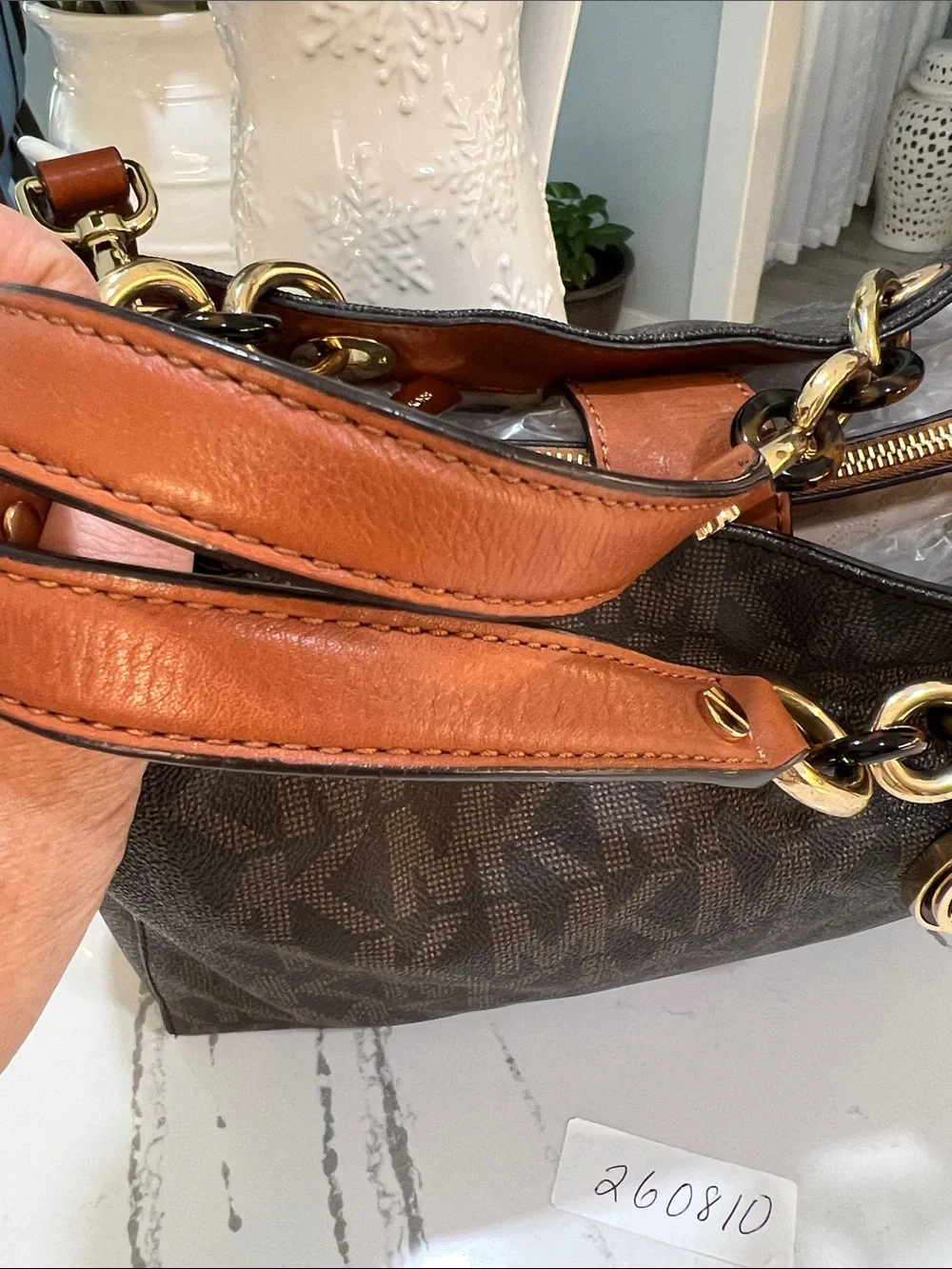Michael Kors Brown MK Signature Shoulder Bag with Gold Hardware